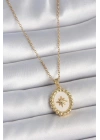 316L Çelik Gold Renk Zincir Beyaz Mineli Kutup Yıldız İşlemeli Madalyon Model Kadın Kolye
