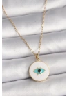 316L Çelik Gold Renk Zincir Beyaz Mineli Turkuaz Göz İşleme Model Kadın Kolye