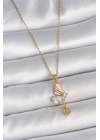 316L Çelik Gold Renk Zincir Damla Zirkon Taşlı Kelebek Model Sallantı Detay Kadın Kolye
