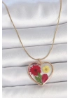 316L Çelik Gold Renk Zincir Epokis Kalp Doğal Çiçek Model Kadın Kolye