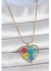 316L Çelik Gold Renk Zincir Kalp Epoksi Renkli Çiçek Model Kadın Kolye