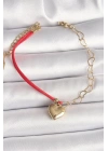 316L Çelik Gold Renk Zincir Kırmızı İp Model Sallantı Kalp Figür İşleme Detaylı Kadın Bileklik