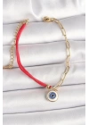 316L Çelik Gold Renk Zincir Kırmızı İp Model Sallantı Nazar Boncuk Figür Kadın Bileklik