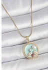 316L Çelik Gold Renk Zincir Mavi Mineli İnci Çiçek İşlemeli Zirkon Taş Detaylı Madalyon Model Kadın Kolye