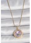 316L Çelik Gold Renk Zincir Mor Çiçek İşlemeli İnci Detay Potre Model Kadın Kolye
