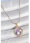 316L Çelik Gold Renk Zincir Mor Mineli İncili Çiçek İşlemeli Portre Model Kadın Kolye