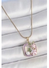 316L Çelik Gold Renk Zincir Mor Mineli Kare Model Çiçek İşlemeli İnci Detay Kadın Kolye