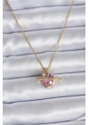 316L Çelik Gold Renk Zincir Pembe Kristal Kalp Model Zirkon Taş Detay Kadın Kolye