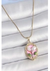 316L Çelik Gold Renk Zincir Pembe Mineli İncili Çiçek İşlemeli Portre Model Kadın Kolye