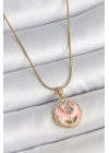 316L Çelik Gold Renk Zincir Pembe Minimal Çiçek İşlemeli İnci Detay Portre Model Kadın Kolye