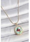 316L Çelik Gold Renk Zincir Turkuaz Mineli İncili Çiçek İşlemeli Portre Model Kadın Kolye