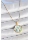 316L Çelik Gold Renk Zincir Turkuaz Mineli İncili Çiçek İşlemeli Portre Model Kadın Kolye