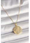 316L Çelik Gold Renk Zincir Zirkon Taşlı Ay Güneş İşlemeli Madalyon Model Kadın Kolye
