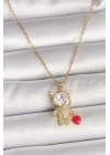 316L Çelik Gold Renk Zincir Zirkon Taşlı Ayıcık Model Kırmızı Kalp Detay Kadın Kolye