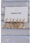 316L Çelik Gold Renk Zirkon Taşlı Hayvan Figürlü Deniz Yıldızı Model Halka Küpe Seti