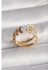 316L Çelik Gold Renk Zirkon Taşlı Yaprak Model Kadın Yüzük