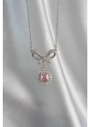 316L Çelik Gümüş Renk Fiyonk Detay Pembe Zirkon Taşlı Tektaş Kolye
