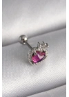 316L Çelik Gümüş Renk Pembe Mineli Kalp Zirkon Taş Detaylı Taç Tragus Piercing