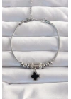 316L Çelik Gümüş Renk Zirkon Taş Aksesuarlı Siyah Mineli Yonca Bileklik