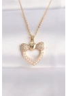 316L Çelik Zincir Altın Renk İnci Taş Detay Zirkon Taşlı Kalp Kolye