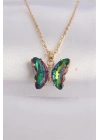 316L Çelik Zincir Altın Renk Zincir Yeşil Kelebek Model Renkli Zirkon Taşlı Kolye