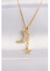316L Çelik Zincir Altın Renk Zirkon Taşlı Ay Yıldız Kolye