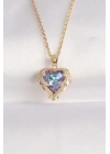 316L Çelik Zincir Altın Renk Zirkon Taşlı Mavi Mor Renkli Kalp Figür Kolye