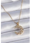 316L Çelik Zincir Gold Renk Zirkon Taşlı Hilal Model Kadın Kolye
