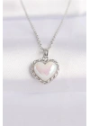 316L Çelik Zincir Gümüş Renk Beyaz Taşlı Bombeli Kalp Kolye