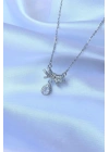 316L Çelik Zincirli Gümüş Renk Zirkon Taşlı Damla Detay Fiyonk Model Kolye