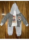 6-24 Aylık Ceketli Kapşonlu Üçlü Takım Gribeyaz