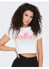 Baskılı Bisiklet Yaka Crop T-Shirt
