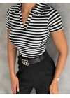 Çizgili Kaşkorse V Yaka Tişört Siyahbeyaz
