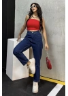 Düz Orta Kadın Mavi Slim Fit Mom pantolon