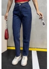 Düz Orta Kadın Mavi Slim Fit Mom pantolon