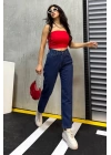 Düz Orta Kadın Mavi Slim Fit Mom pantolon