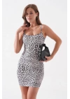 Kadın siyah leoparlı ince askılı likralı elbise s8105