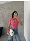 Kaşkorse Yaka Fermuarlı Bluz Fuşya