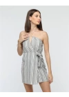 Kuşaklı çizgili mini keten elbise