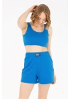 Muked Kendinden Desenli Kadın Spor Şort Mavi