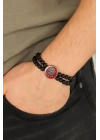 Osmanlı Tuğralı Kırmızı Metal Aksesuarlı Siyah Oniks Doğal Taş Erkek Bileklik