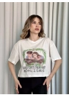 Oversize Beyaz Baskılı Crop Kadın T-Shirt