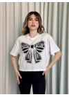Oversize Beyaz Baskılı Crop Kadın T-Shirt
