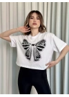 Oversize Beyaz Baskılı Crop Kadın T-Shirt