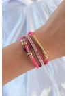 Pembe Renk Zirkon Taşlı Deri Çoklu Bileklik