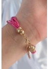Pembe Renk Zirkon Taşlı İpli Çoklu Bileklik