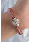 Pembe Renk Zirkon Taşlı Püskül Detay Deri Çoklu Bileklik