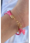 Pembe Zirkon Taşlı İpli Püskül Detay Çoklu Bileklik