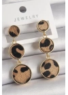 Pirinç Gold Renk 3Lü Leopar Desenli Sallantı Daire Plaka Model Kadın Küpe
