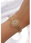 Pirinç Gold Renk İri Zirkon Taşlı Çiçek Figürlü Bileklik